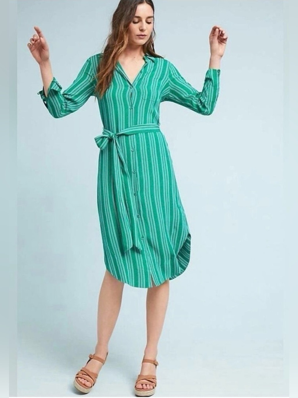 Anthropologie Maeve green stripe Shirtdress Belted Size 2 green stripe Midi